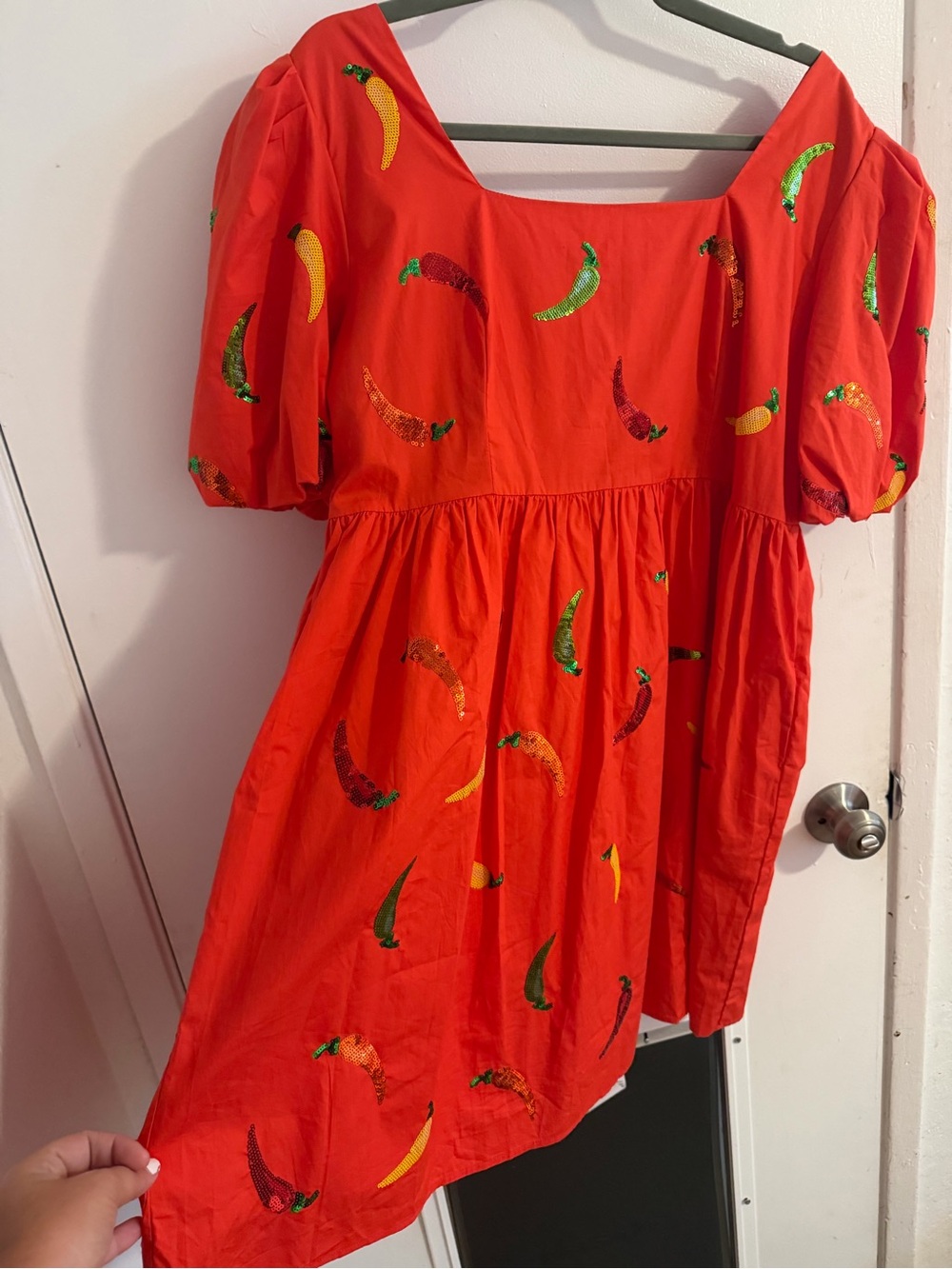 Red Embroidered Puff-Sleeve Dress - Picture 2 of 4